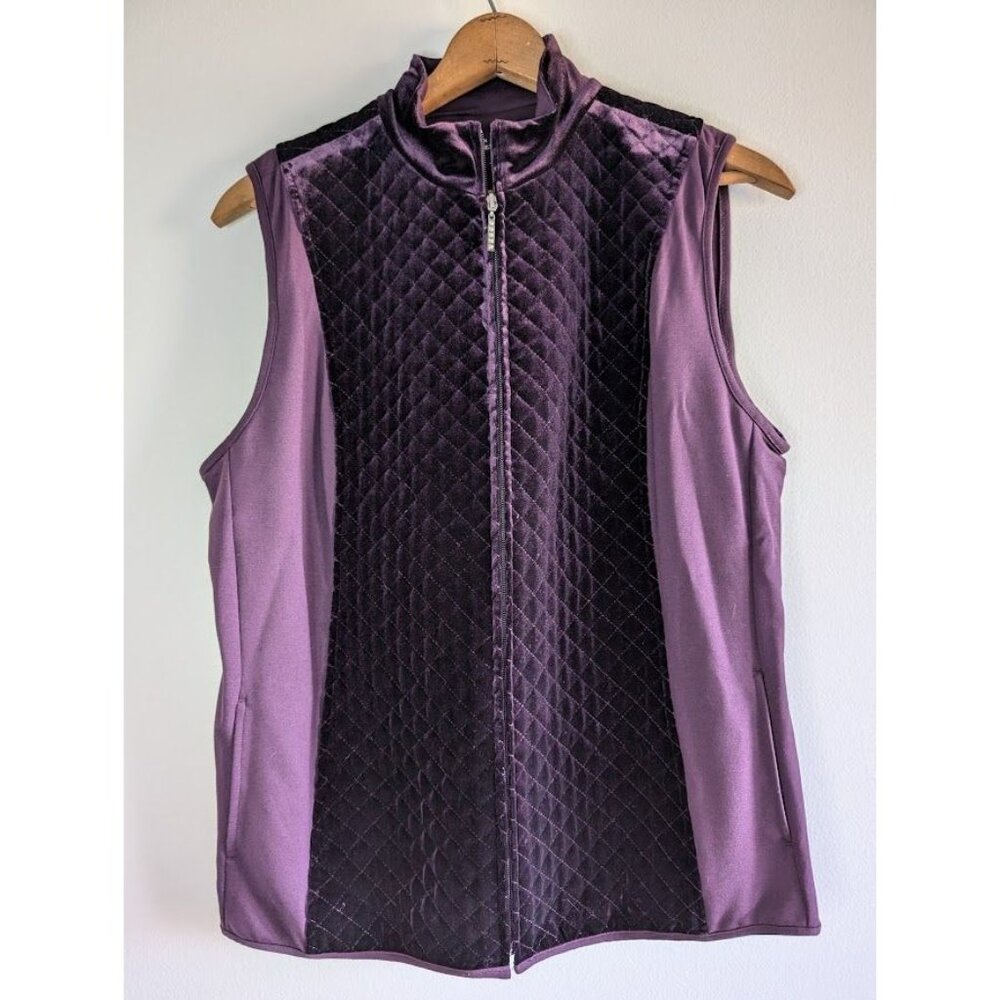 Susan Graver Vest Women's Size Large Purple Velvet Quilted Full Zip Artsy